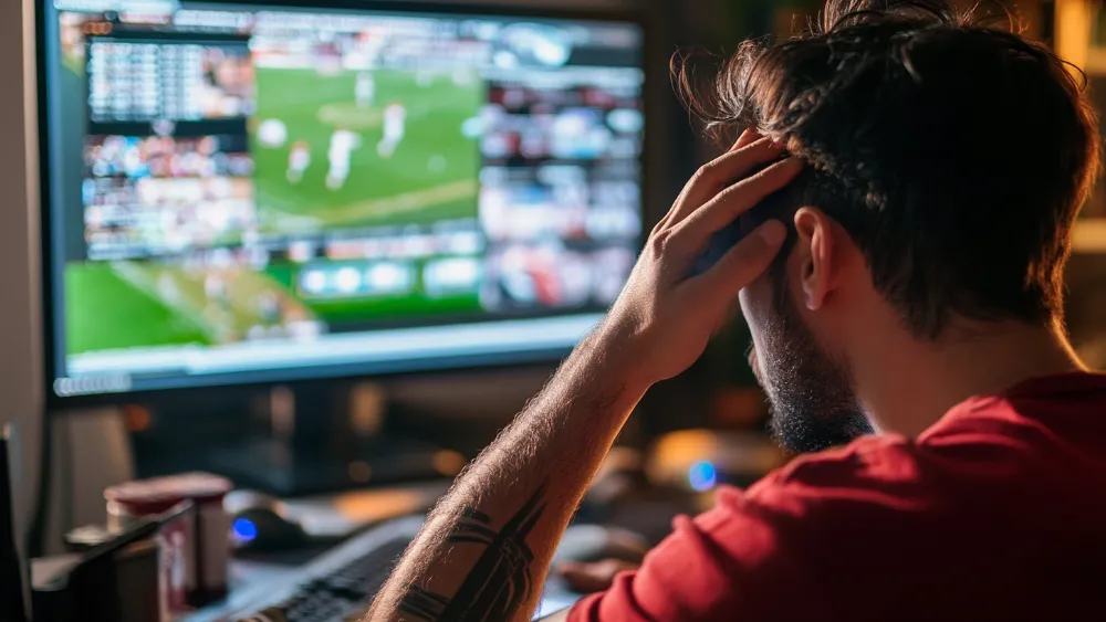 a person watching a game on television and scratching his head