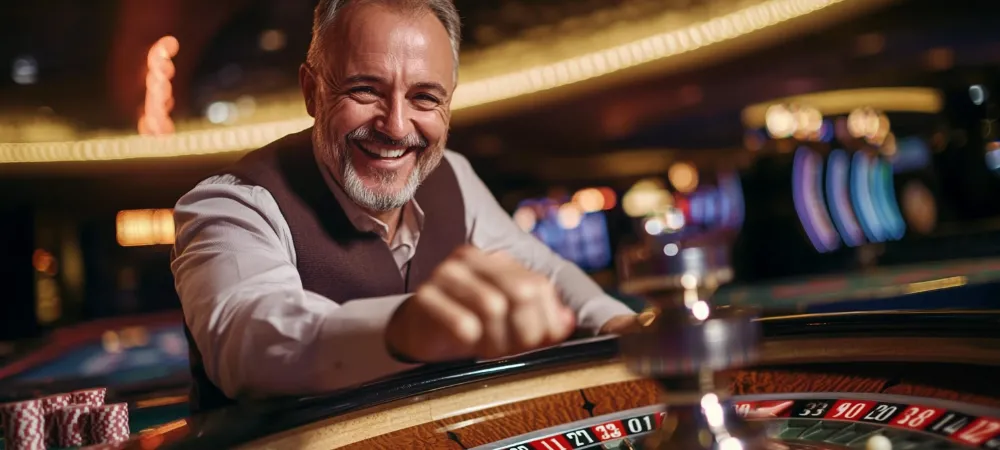Una persona de mediana edad juega a la ruleta en un casino y está muy feliz de ganar