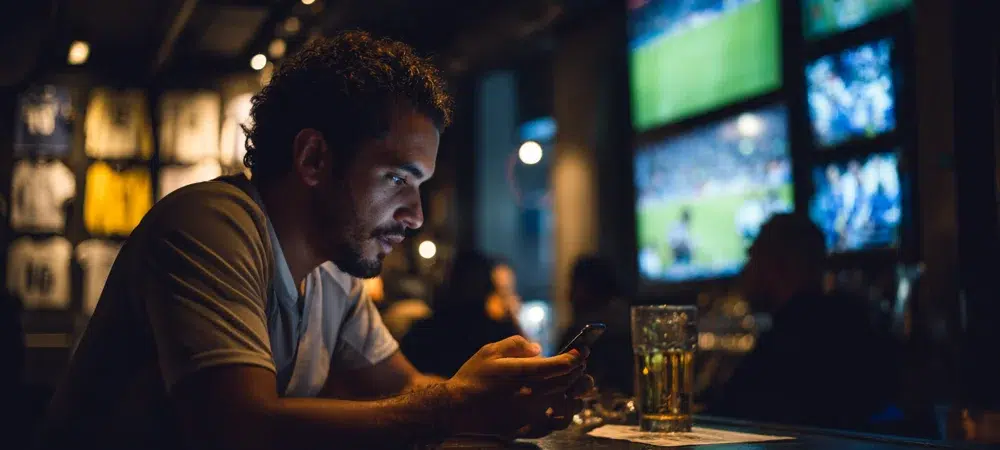 Una persona latinoamericana haciendo apuestas en su teléfono en un bar deportivo